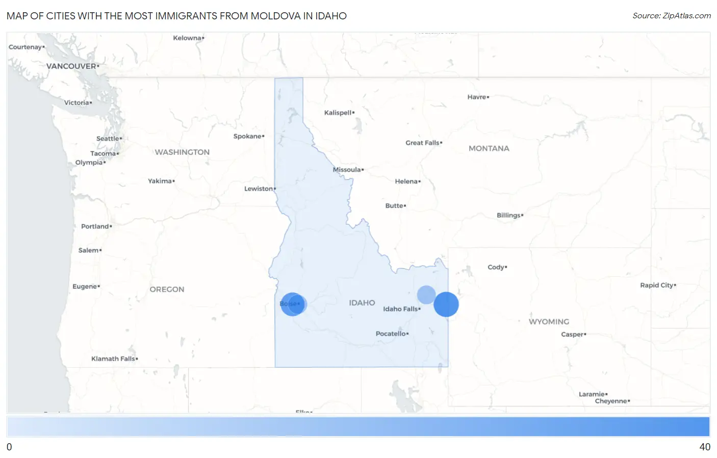 Cities with the Most Immigrants from Moldova in Idaho Map