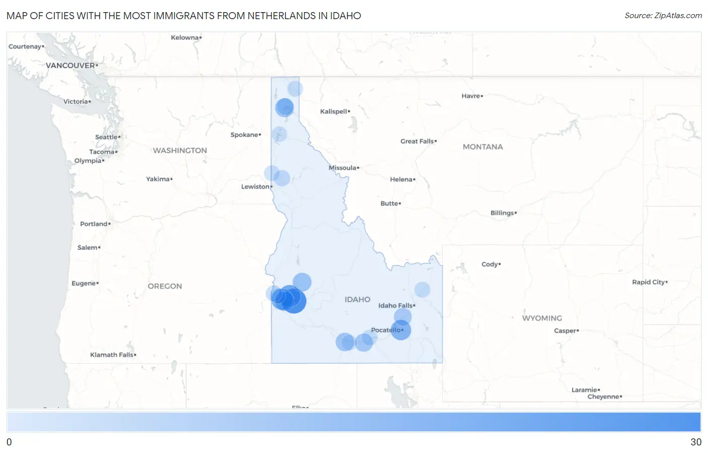 Cities with the Most Immigrants from Netherlands in Idaho Map