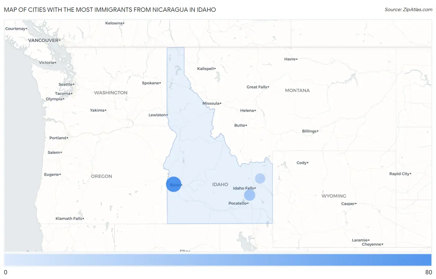 Cities with the Most Immigrants from Nicaragua in Idaho Map