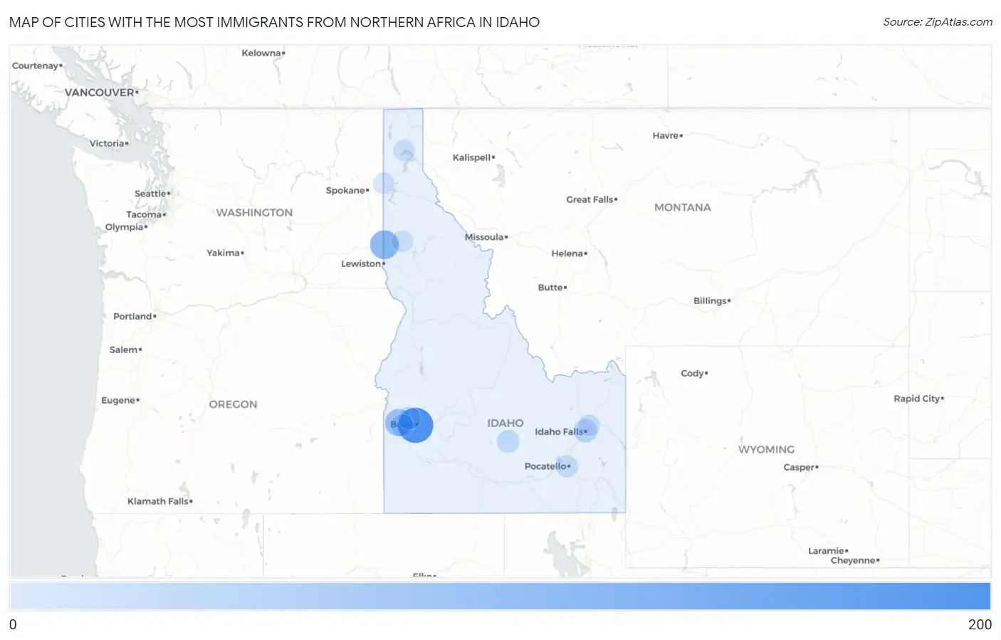 Cities with the Most Immigrants from Northern Africa in Idaho Map