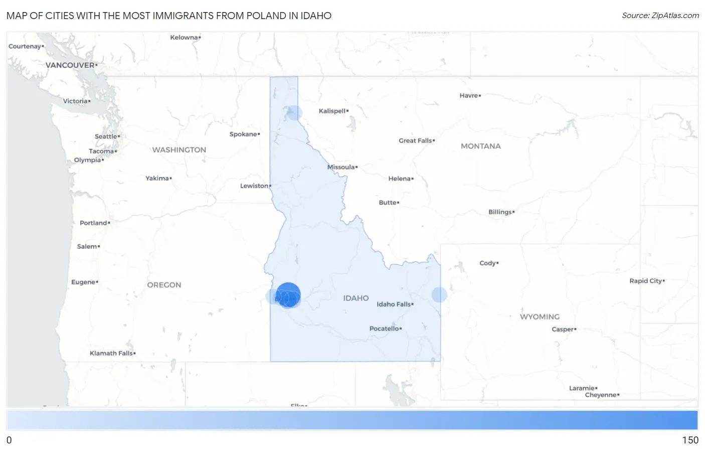 Cities with the Most Immigrants from Poland in Idaho Map