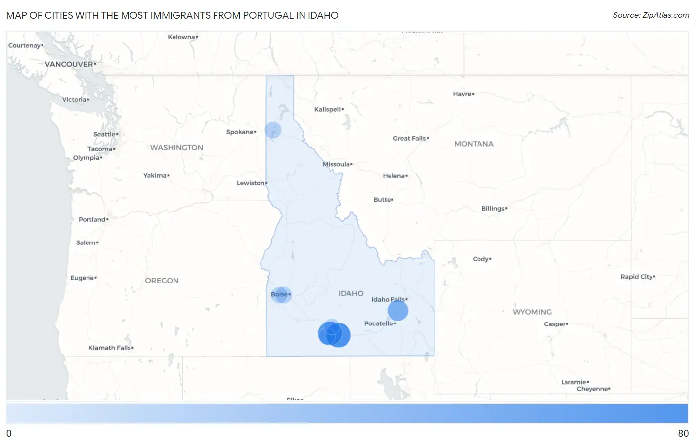 Cities with the Most Immigrants from Portugal in Idaho Map