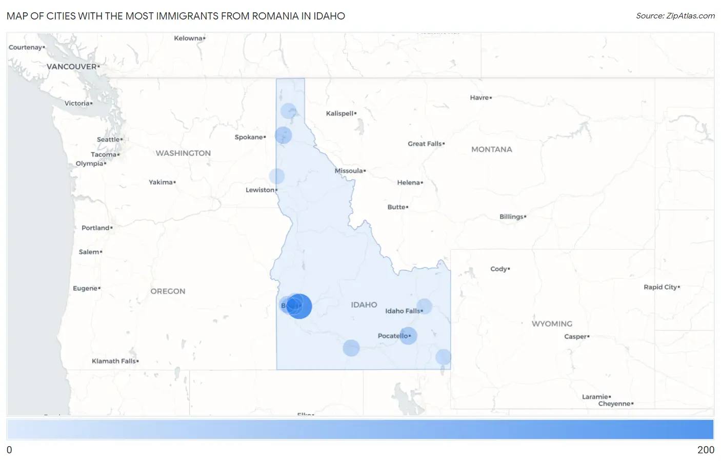 Cities with the Most Immigrants from Romania in Idaho Map