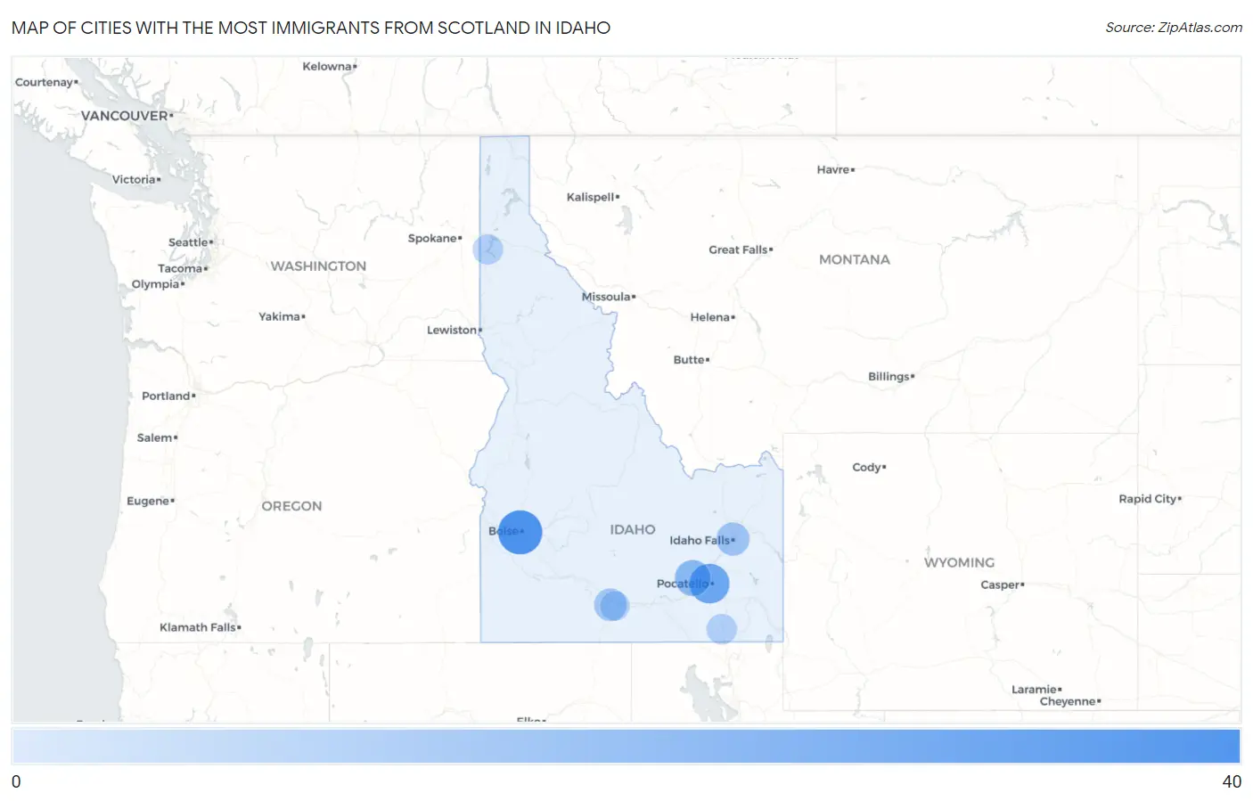 Cities with the Most Immigrants from Scotland in Idaho Map