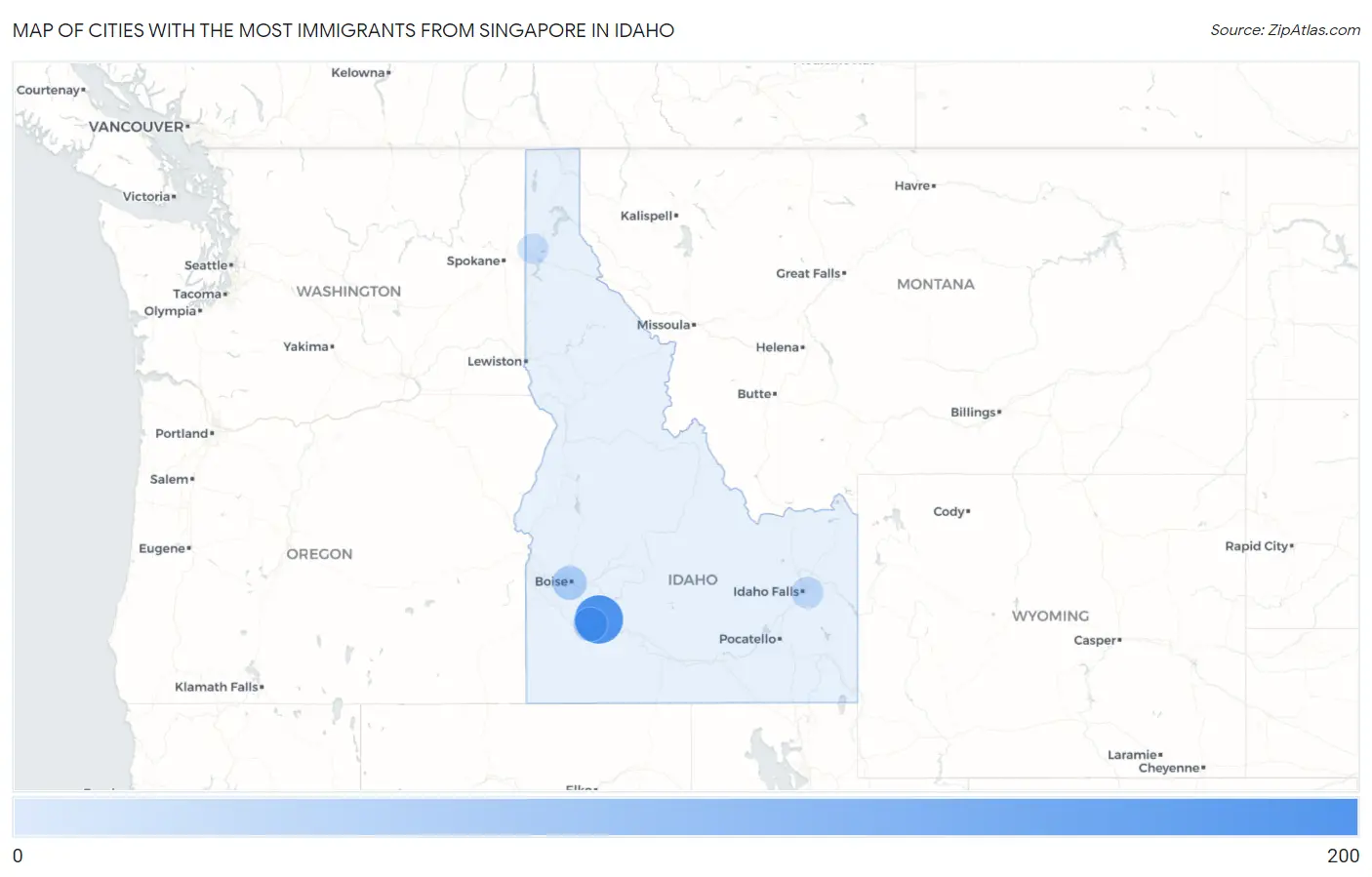 Cities with the Most Immigrants from Singapore in Idaho Map