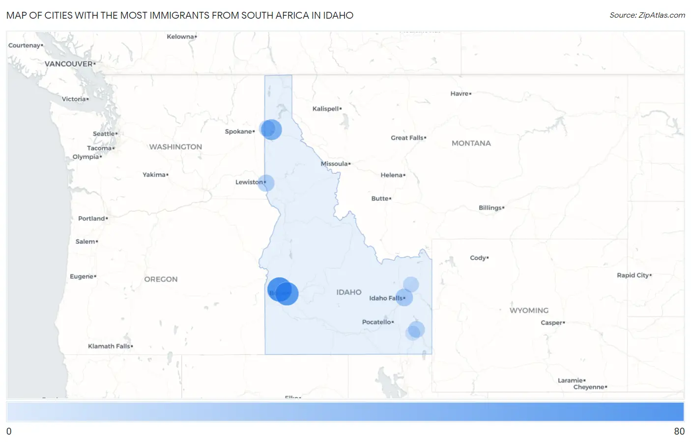 Cities with the Most Immigrants from South Africa in Idaho Map