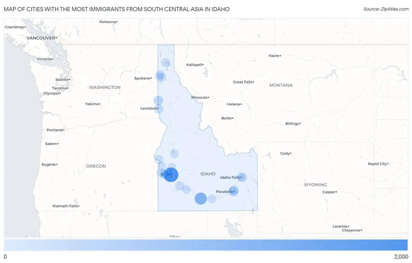 Cities with the Most Immigrants from South Central Asia in Idaho Map