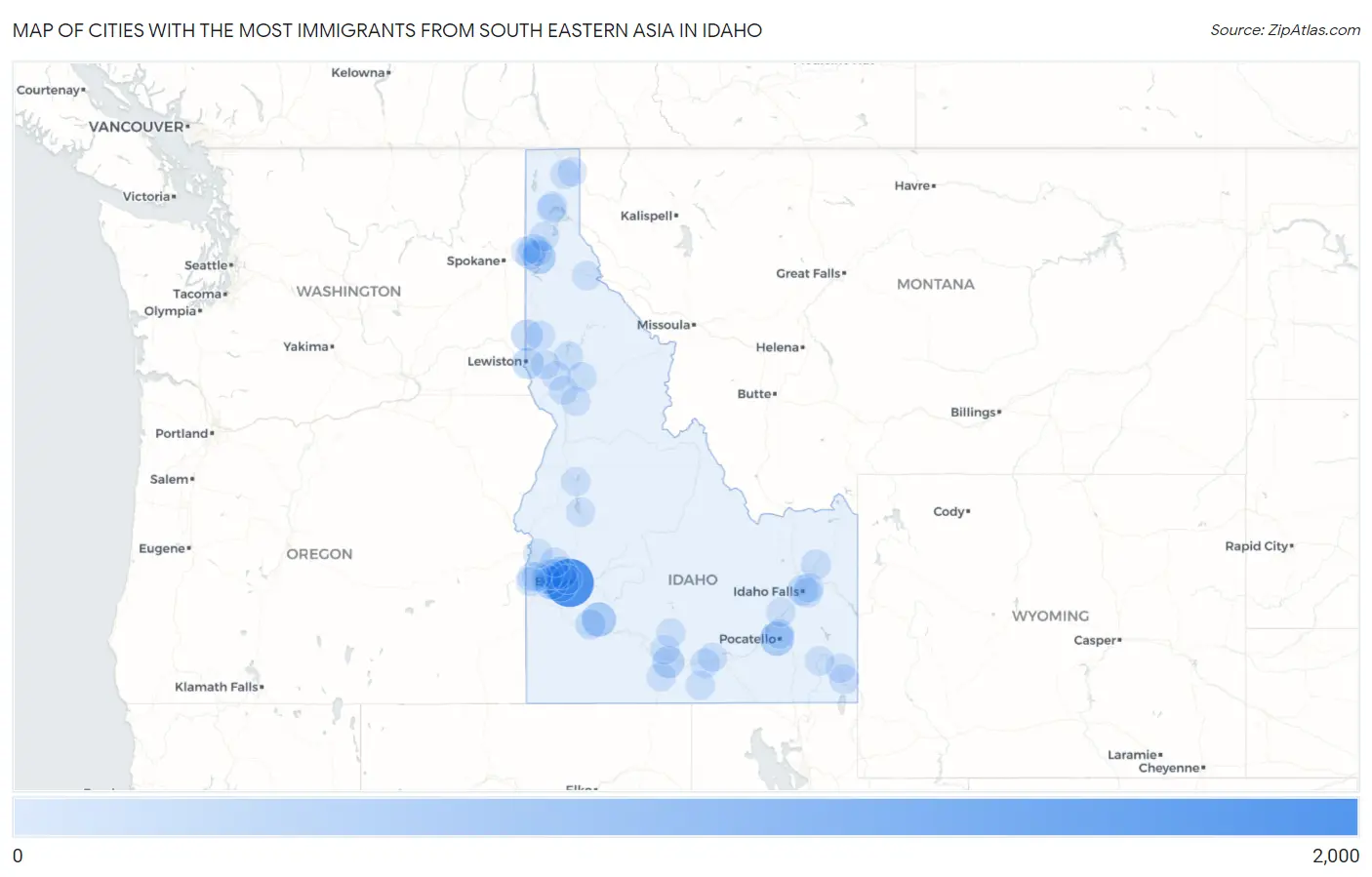 Cities with the Most Immigrants from South Eastern Asia in Idaho Map
