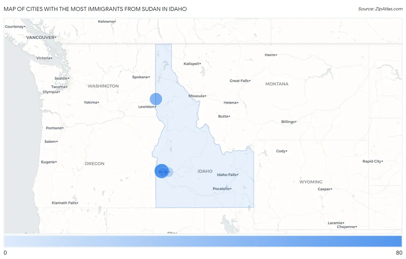 Cities with the Most Immigrants from Sudan in Idaho Map