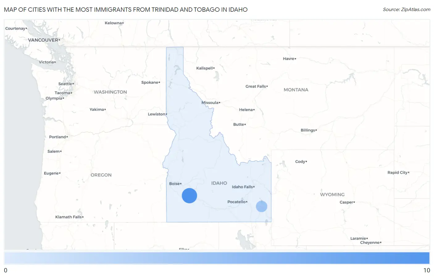 Cities with the Most Immigrants from Trinidad and Tobago in Idaho Map