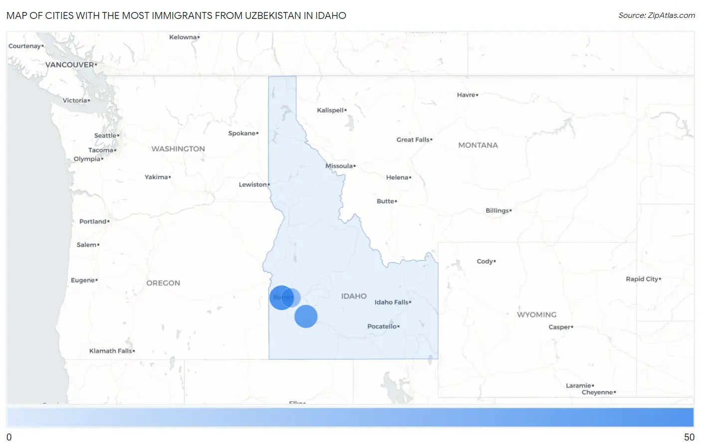 Cities with the Most Immigrants from Uzbekistan in Idaho Map