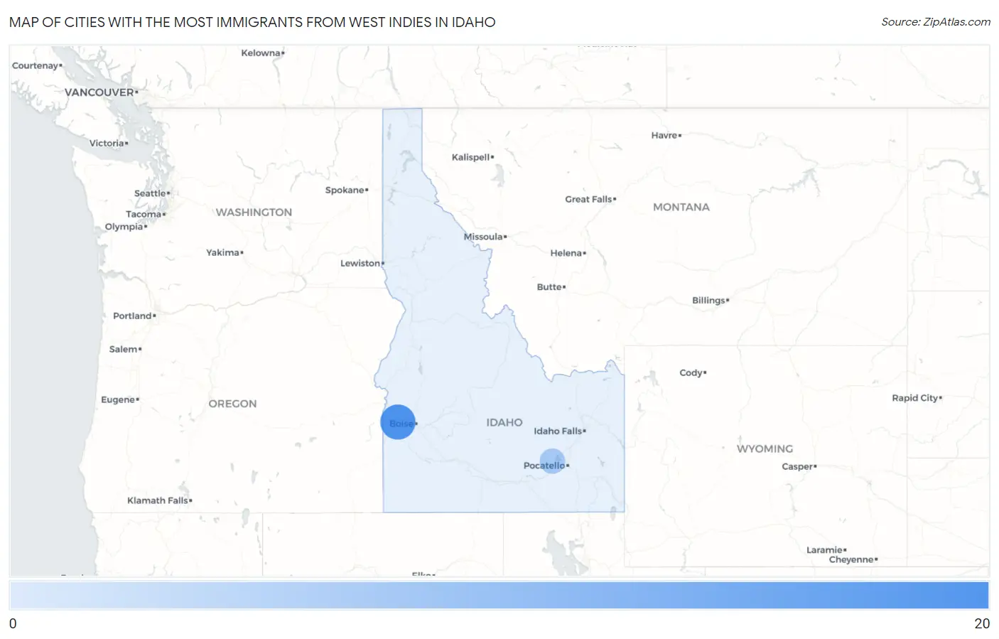 Cities with the Most Immigrants from West Indies in Idaho Map