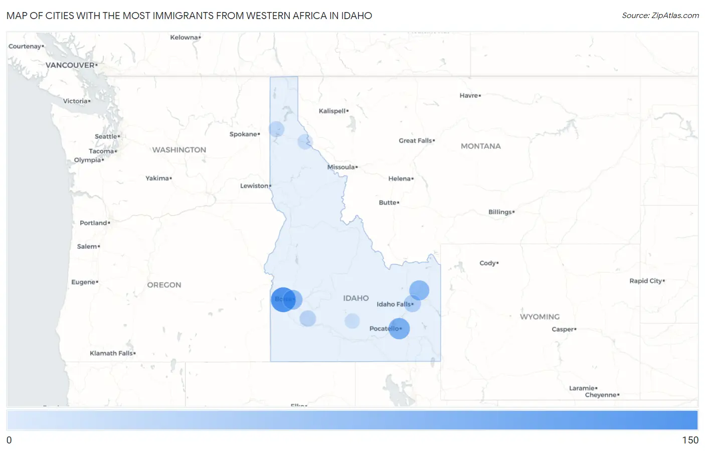 Cities with the Most Immigrants from Western Africa in Idaho Map