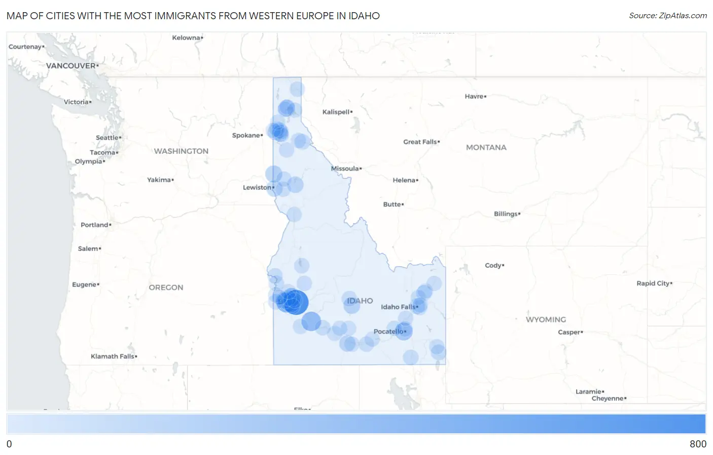 Cities with the Most Immigrants from Western Europe in Idaho Map