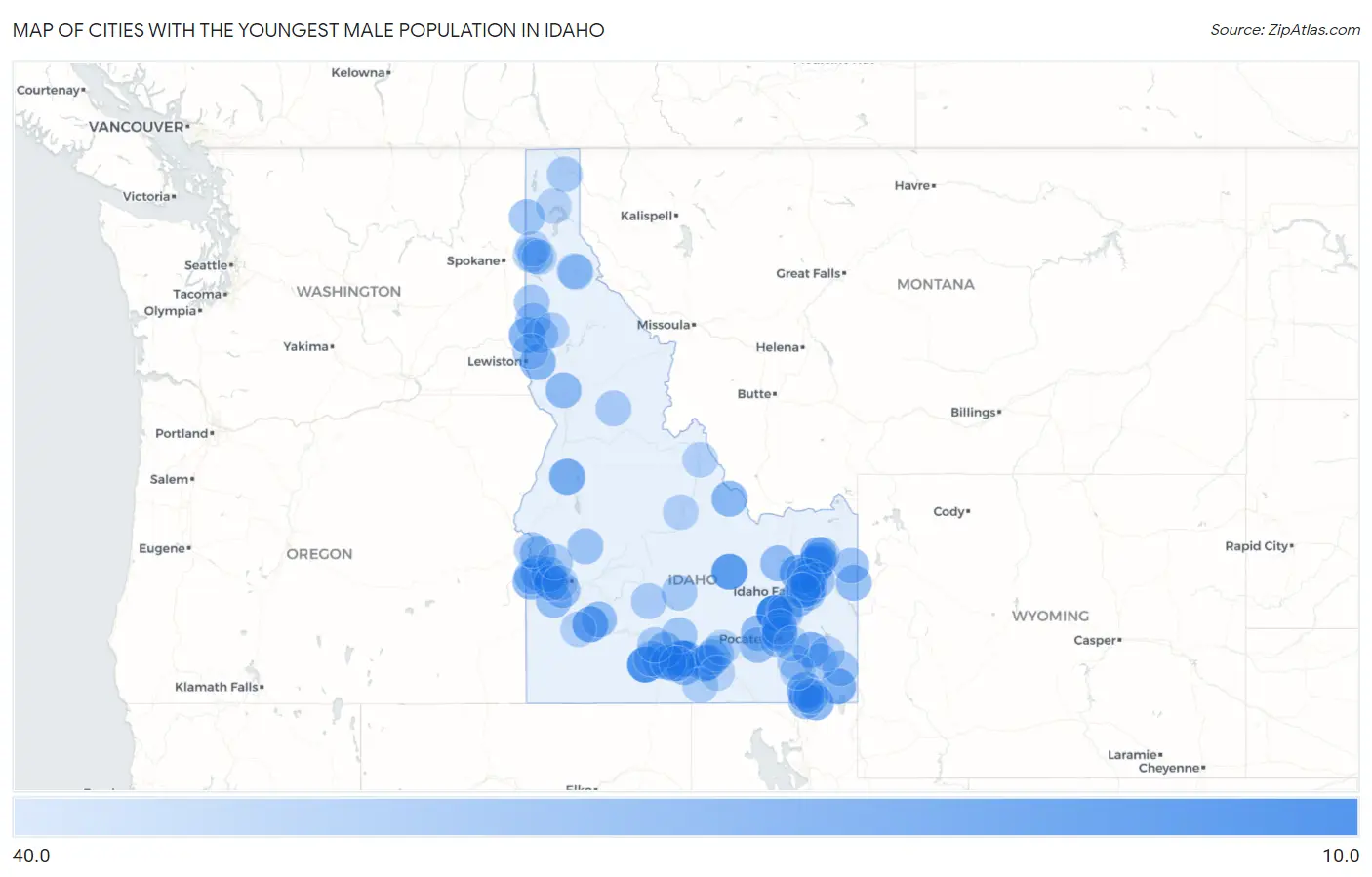 Cities with the Youngest Male Population in Idaho Map