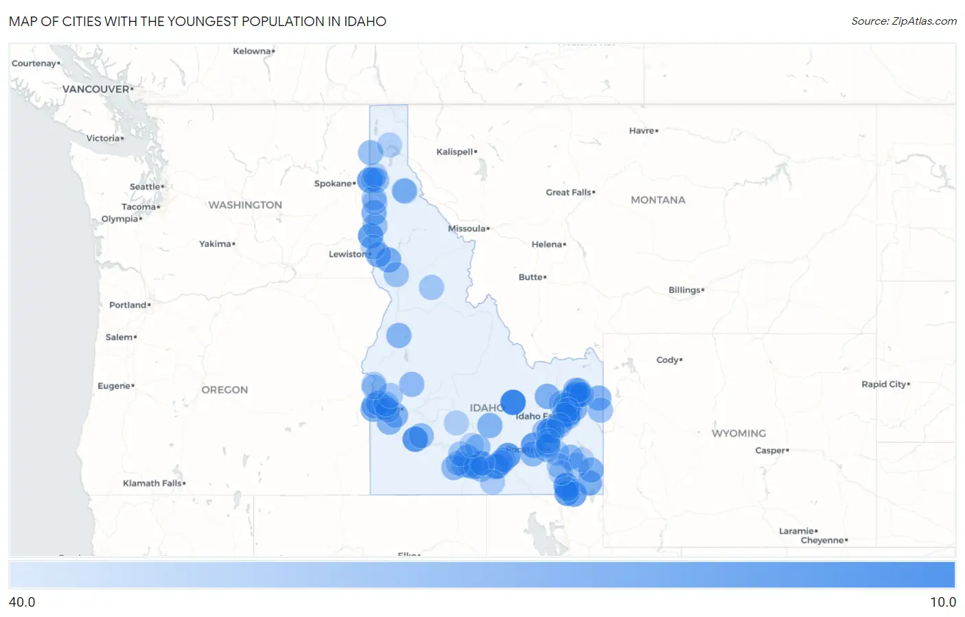 Cities with the Youngest Population in Idaho Map