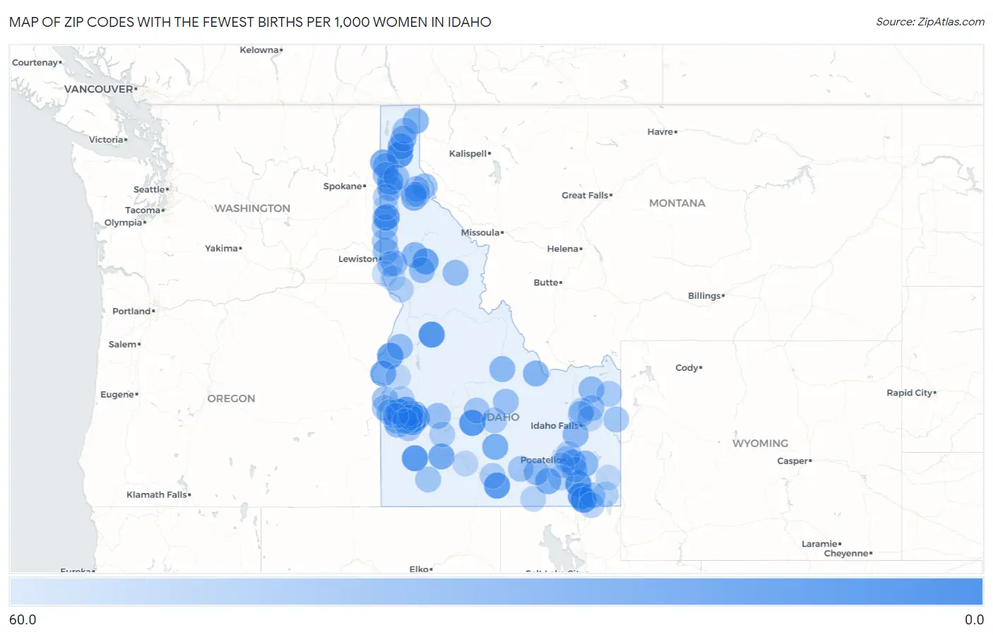 Zip Codes with the Fewest Births per 1,000 Women in Idaho Map