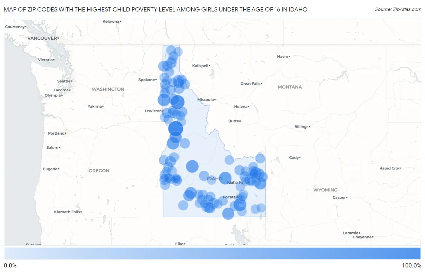 Zip Codes with the Highest Child Poverty Level Among Girls Under the Age of 16 in Idaho Map