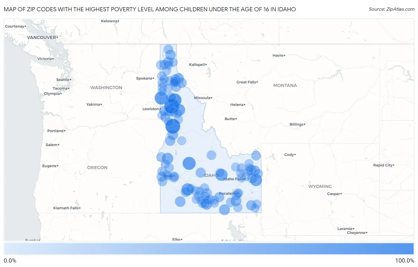 Zip Codes with the Highest Poverty Level Among Children Under the Age of 16 in Idaho Map