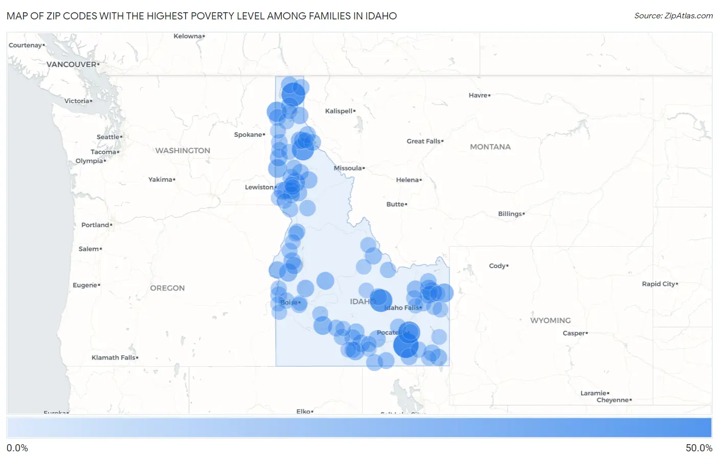 Zip Codes with the Highest Poverty Level Among Families in Idaho Map