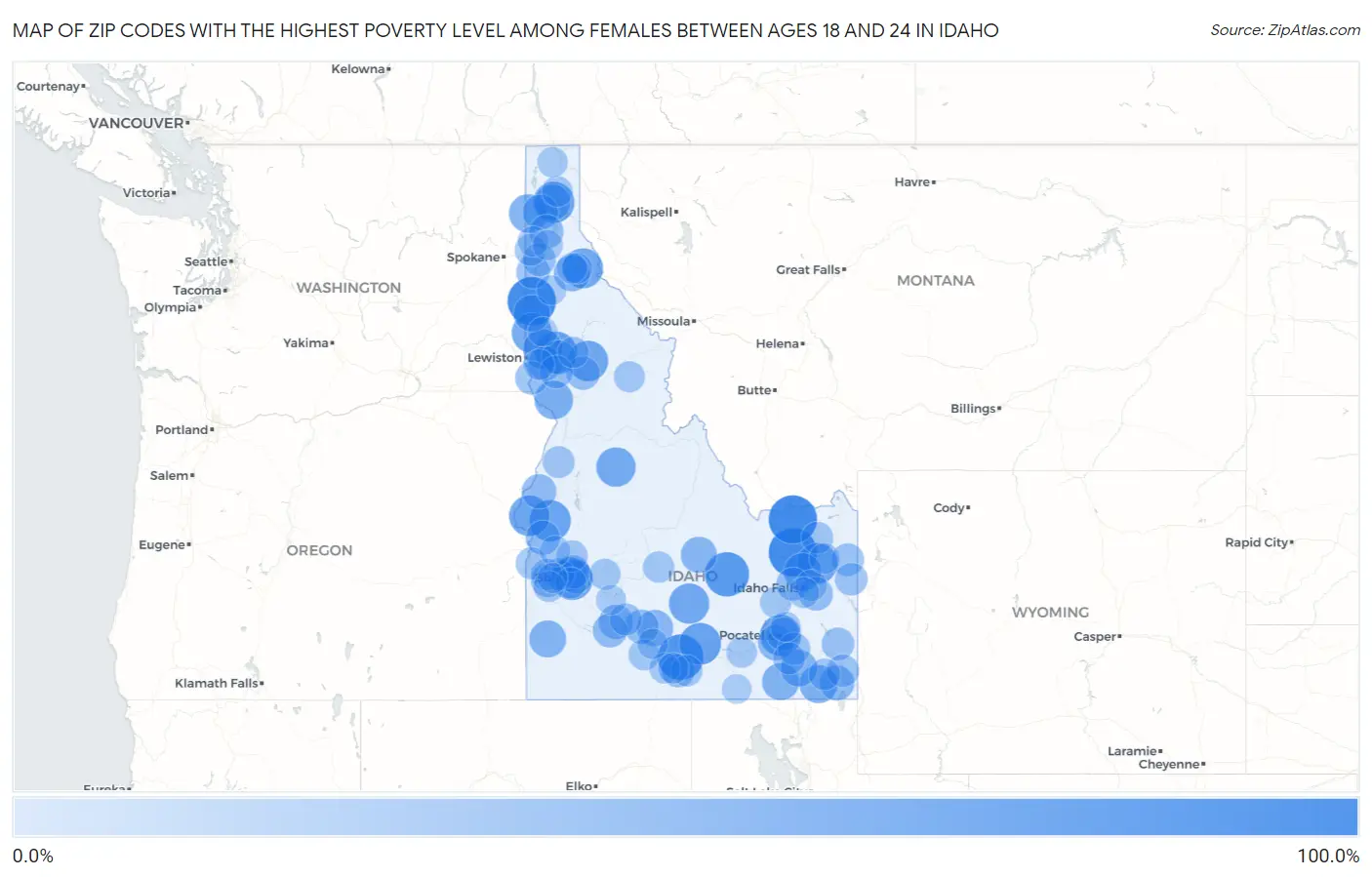 Zip Codes with the Highest Poverty Level Among Females Between Ages 18 and 24 in Idaho Map