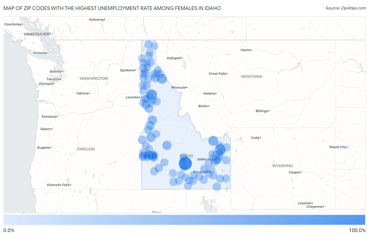 Zip Codes with the Highest Unemployment Rate Among Females in Idaho Map