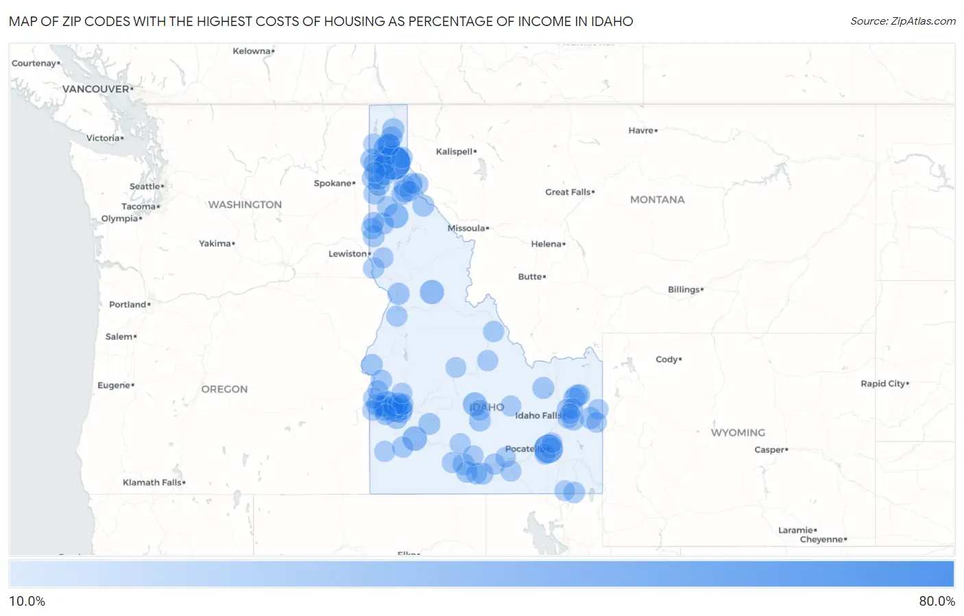 Zip Codes with the Highest Costs of Housing as Percentage of Income in Idaho Map