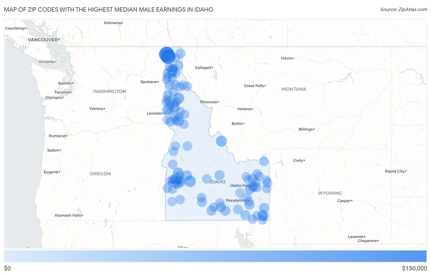 Zip Codes with the Highest Median Male Earnings in Idaho Map