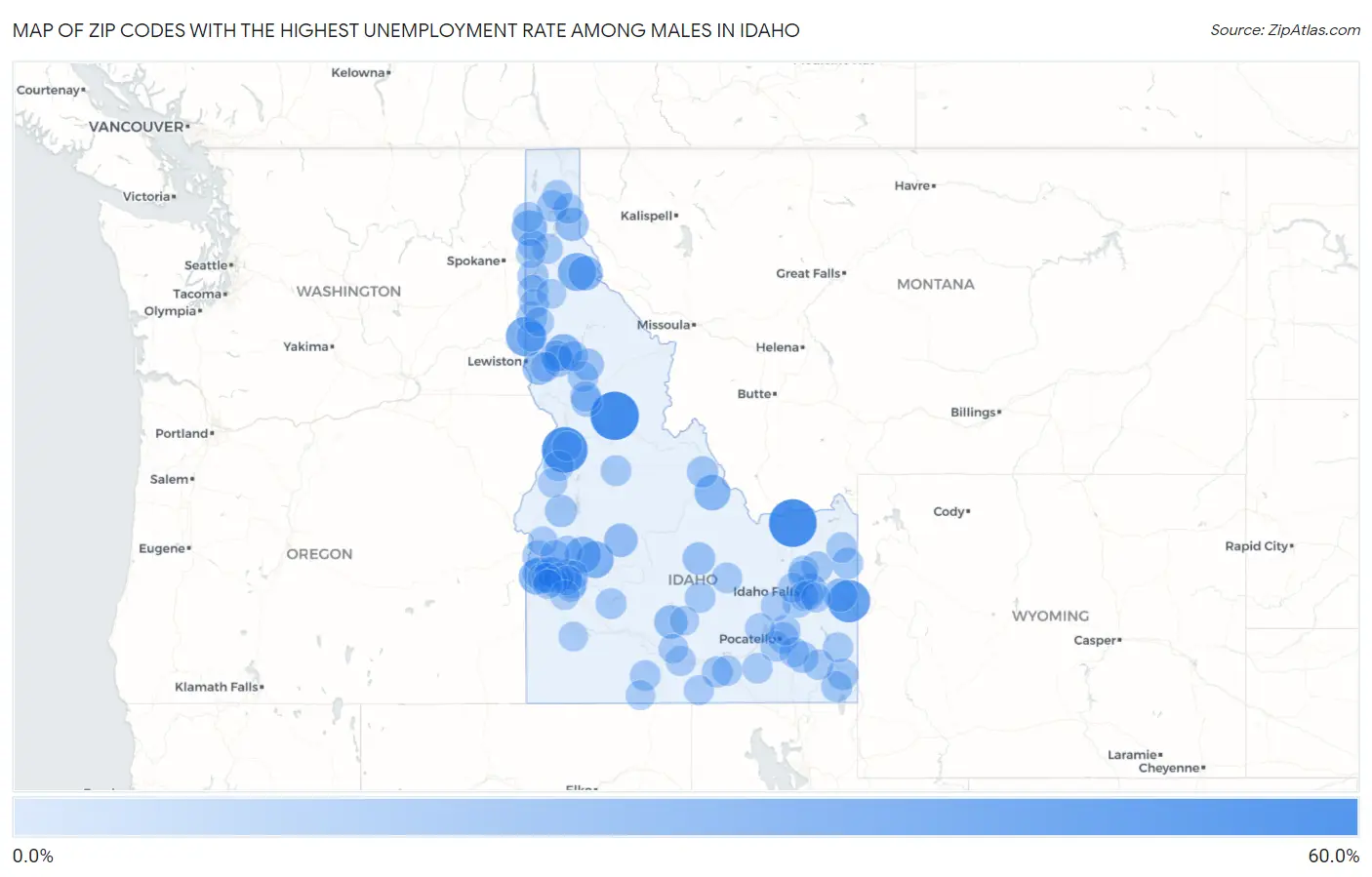 Zip Codes with the Highest Unemployment Rate Among Males in Idaho Map