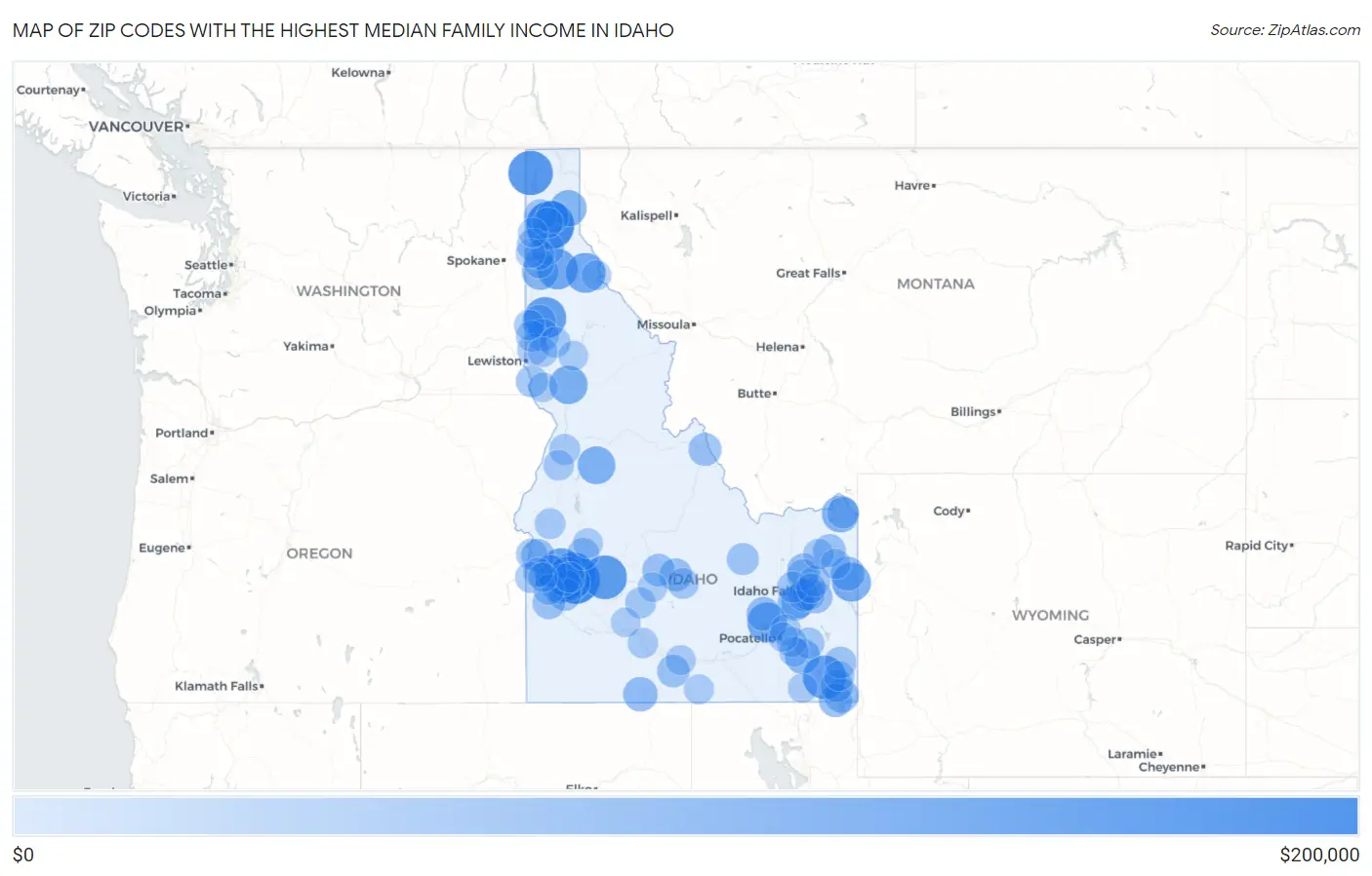 Zip Codes with the Highest Median Family Income in Idaho Map