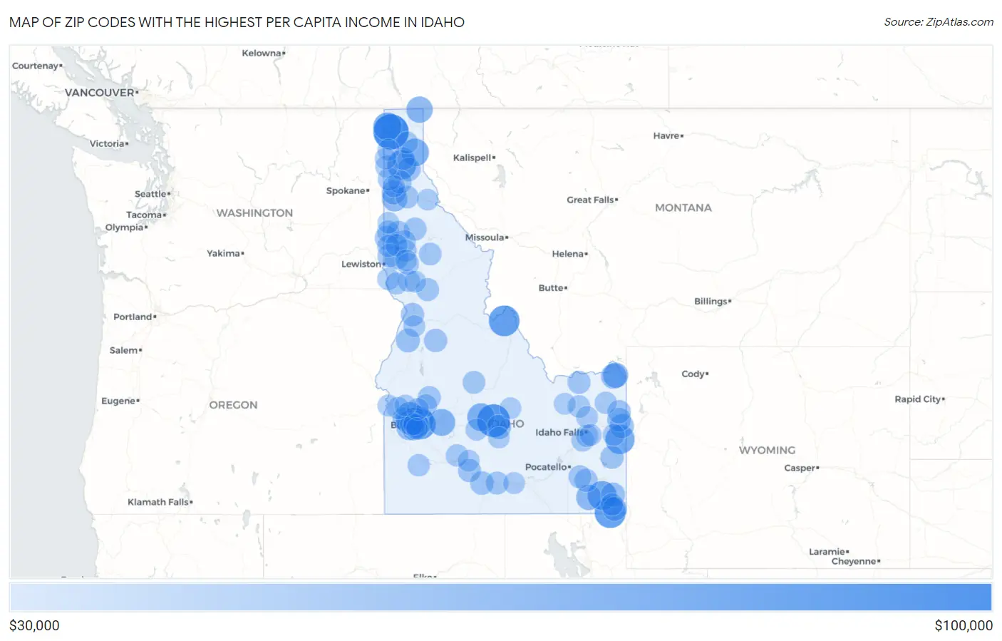 Zip Codes with the Highest Per Capita Income in Idaho Map