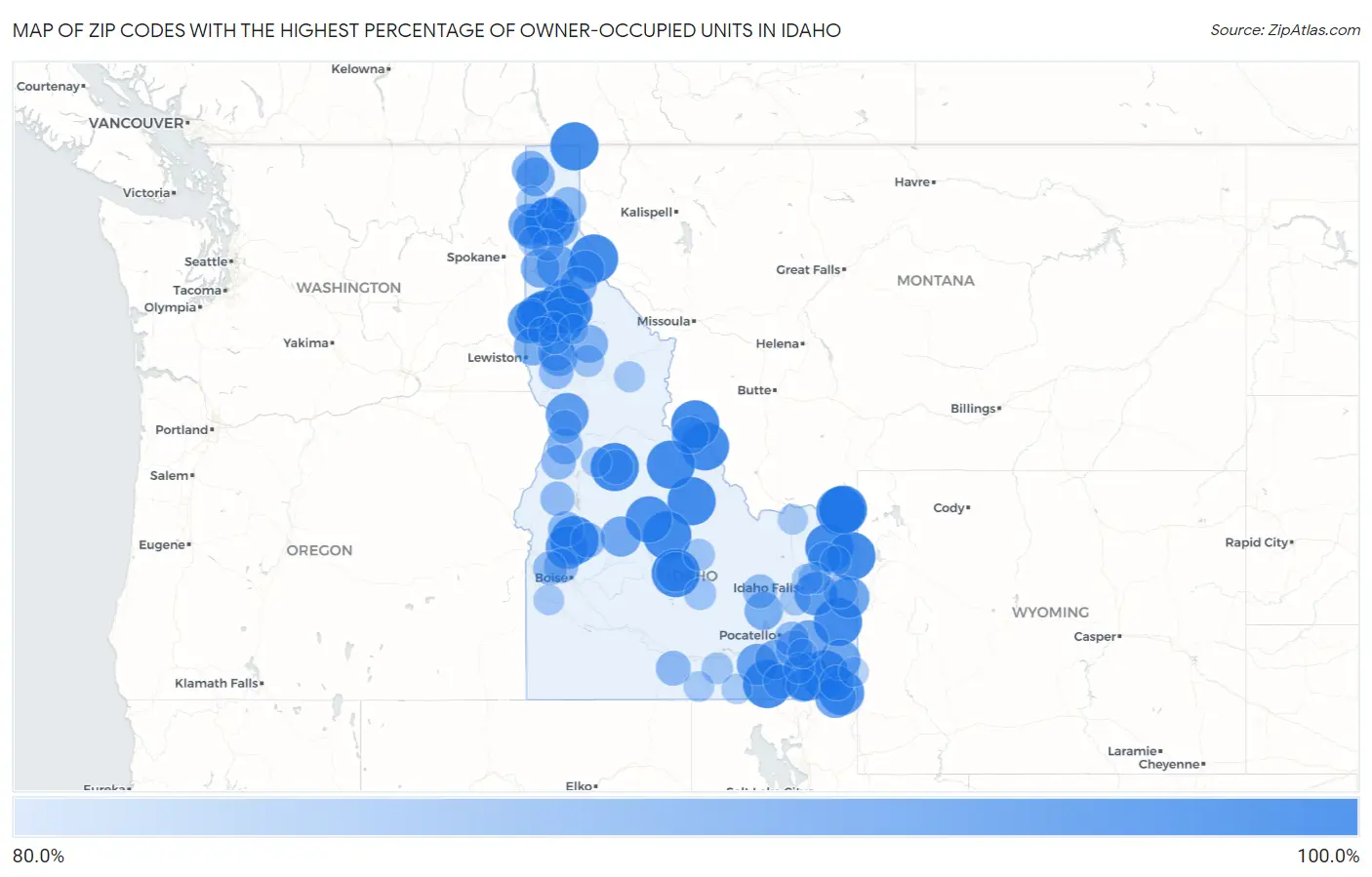 Zip Codes with the Highest Percentage of Owner-Occupied Units in Idaho Map