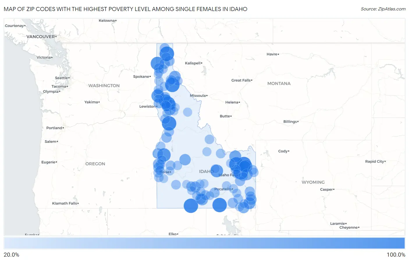 Zip Codes with the Highest Poverty Level Among Single Females in Idaho Map