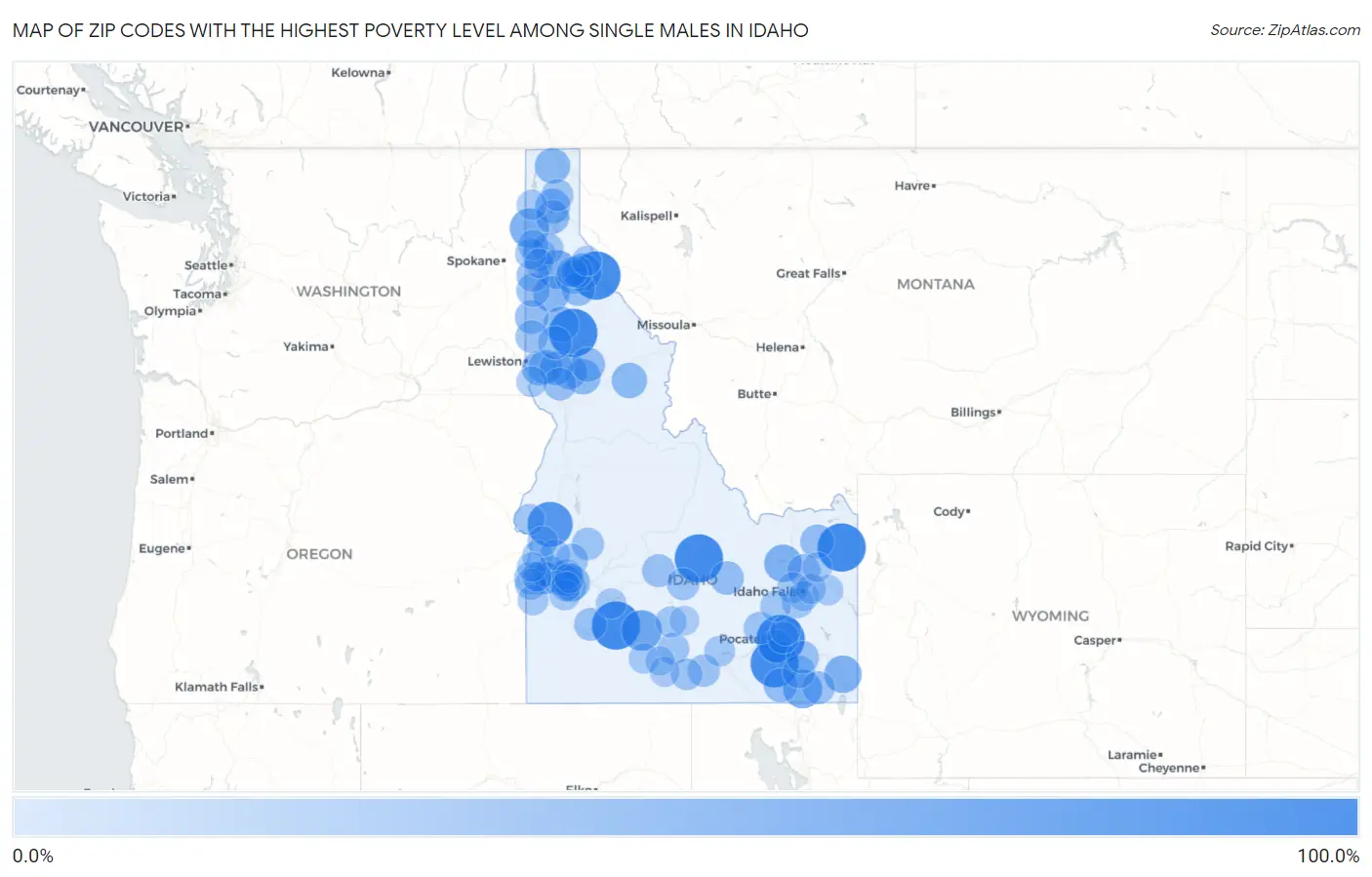 Zip Codes with the Highest Poverty Level Among Single Males in Idaho Map