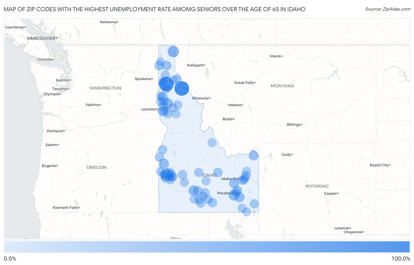 Zip Codes with the Highest Unemployment Rate Amomg Seniors Over the Age of 65 in Idaho Map
