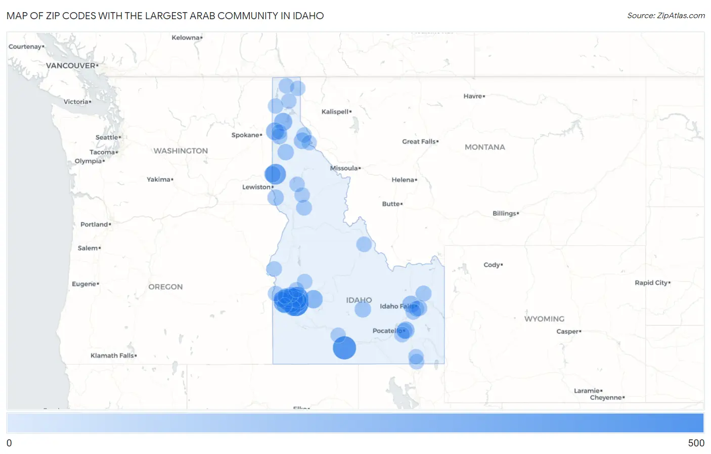 Zip Codes with the Largest Arab Community in Idaho Map