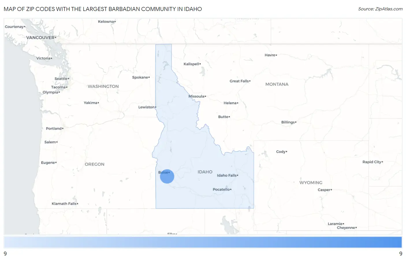 Zip Codes with the Largest Barbadian Community in Idaho Map