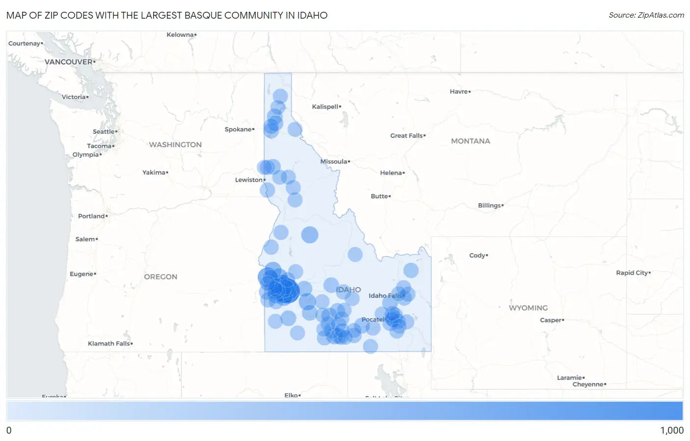 Zip Codes with the Largest Basque Community in Idaho Map