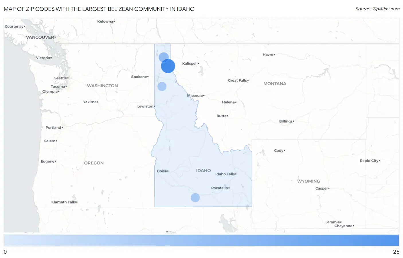 Zip Codes with the Largest Belizean Community in Idaho Map