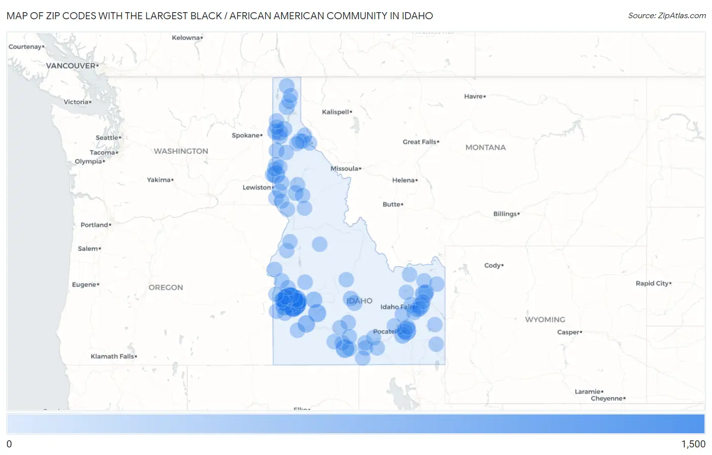 Zip Codes with the Largest Black / African American Community in Idaho Map