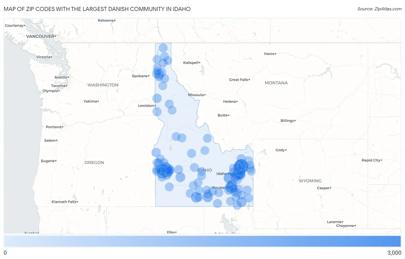 Zip Codes with the Largest Danish Community in Idaho Map