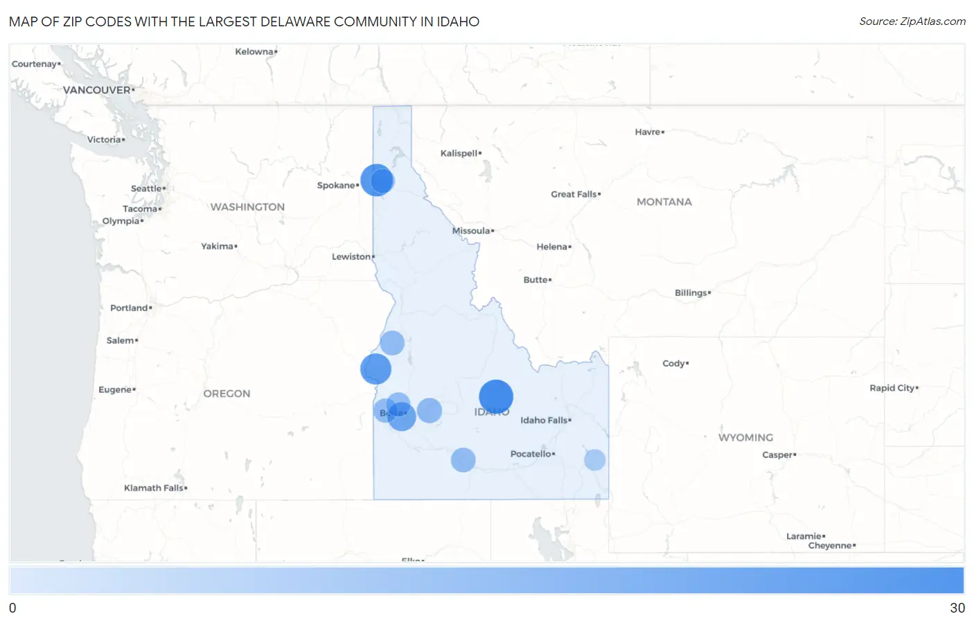 Zip Codes with the Largest Delaware Community in Idaho Map