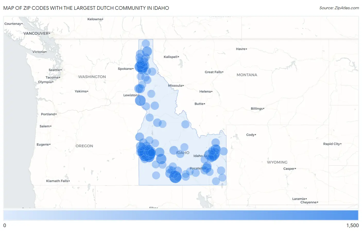 Zip Codes with the Largest Dutch Community in Idaho Map