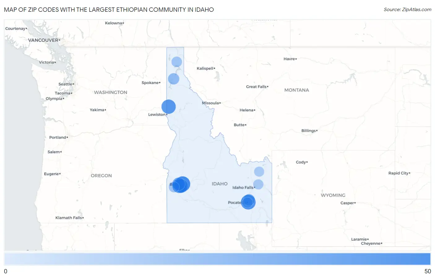 Zip Codes with the Largest Ethiopian Community in Idaho Map