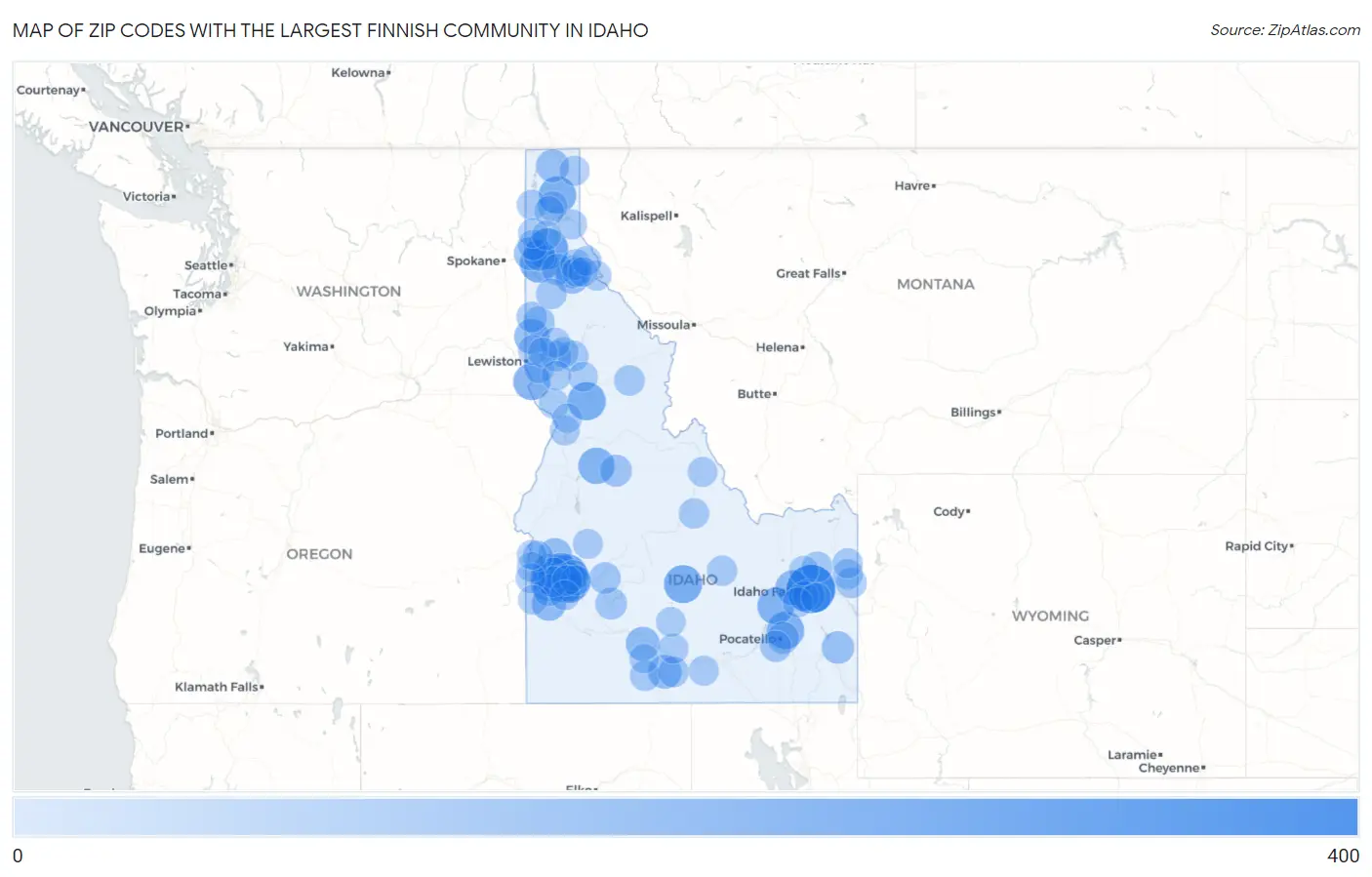 Zip Codes with the Largest Finnish Community in Idaho Map