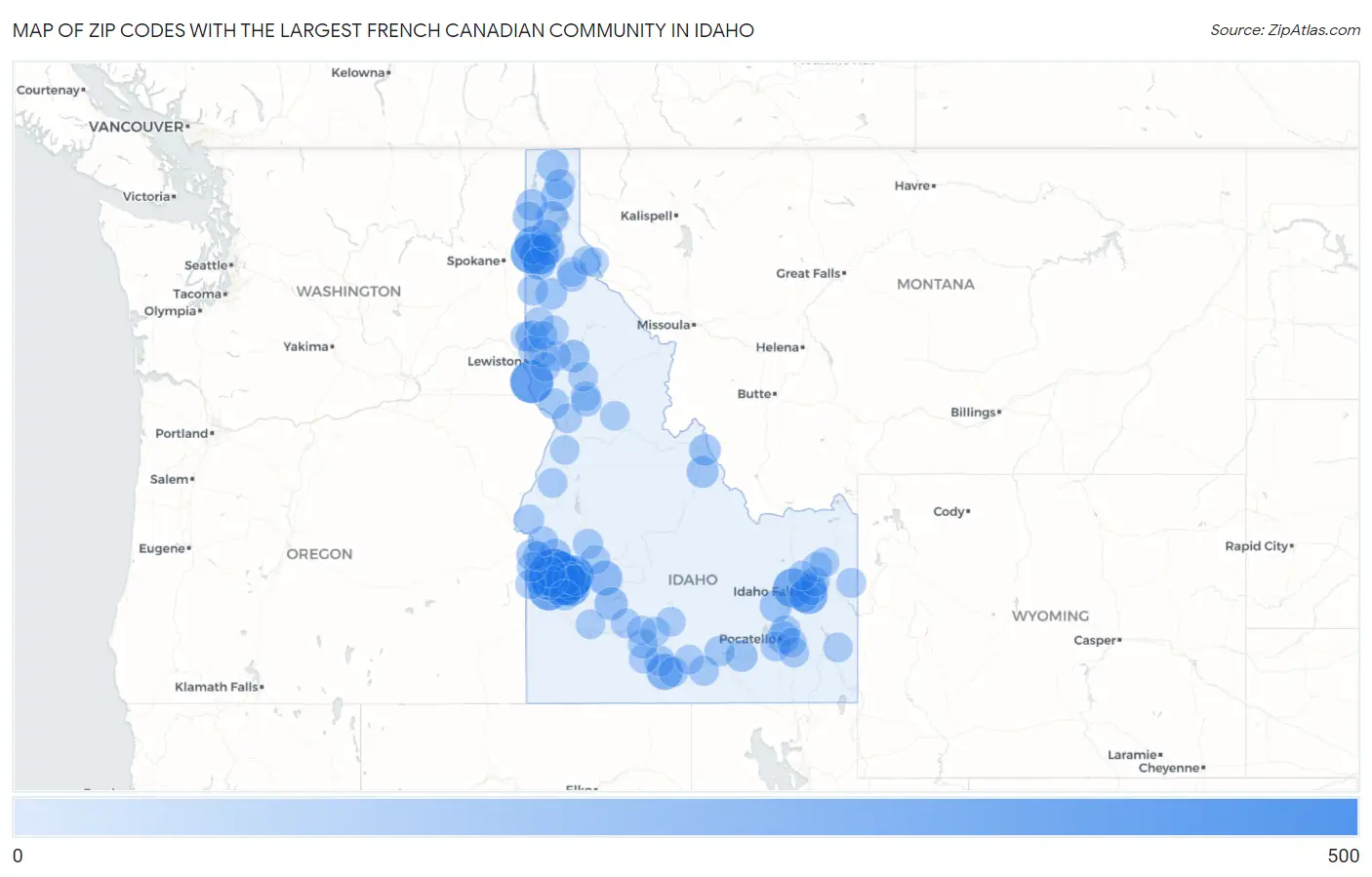 Zip Codes with the Largest French Canadian Community in Idaho Map