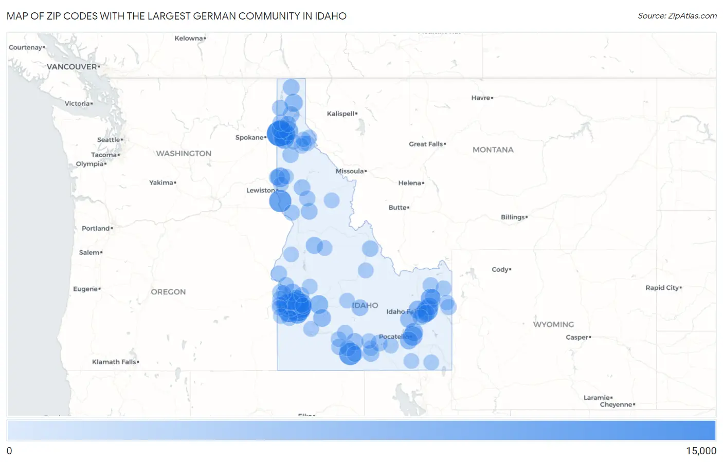 Zip Codes with the Largest German Community in Idaho Map