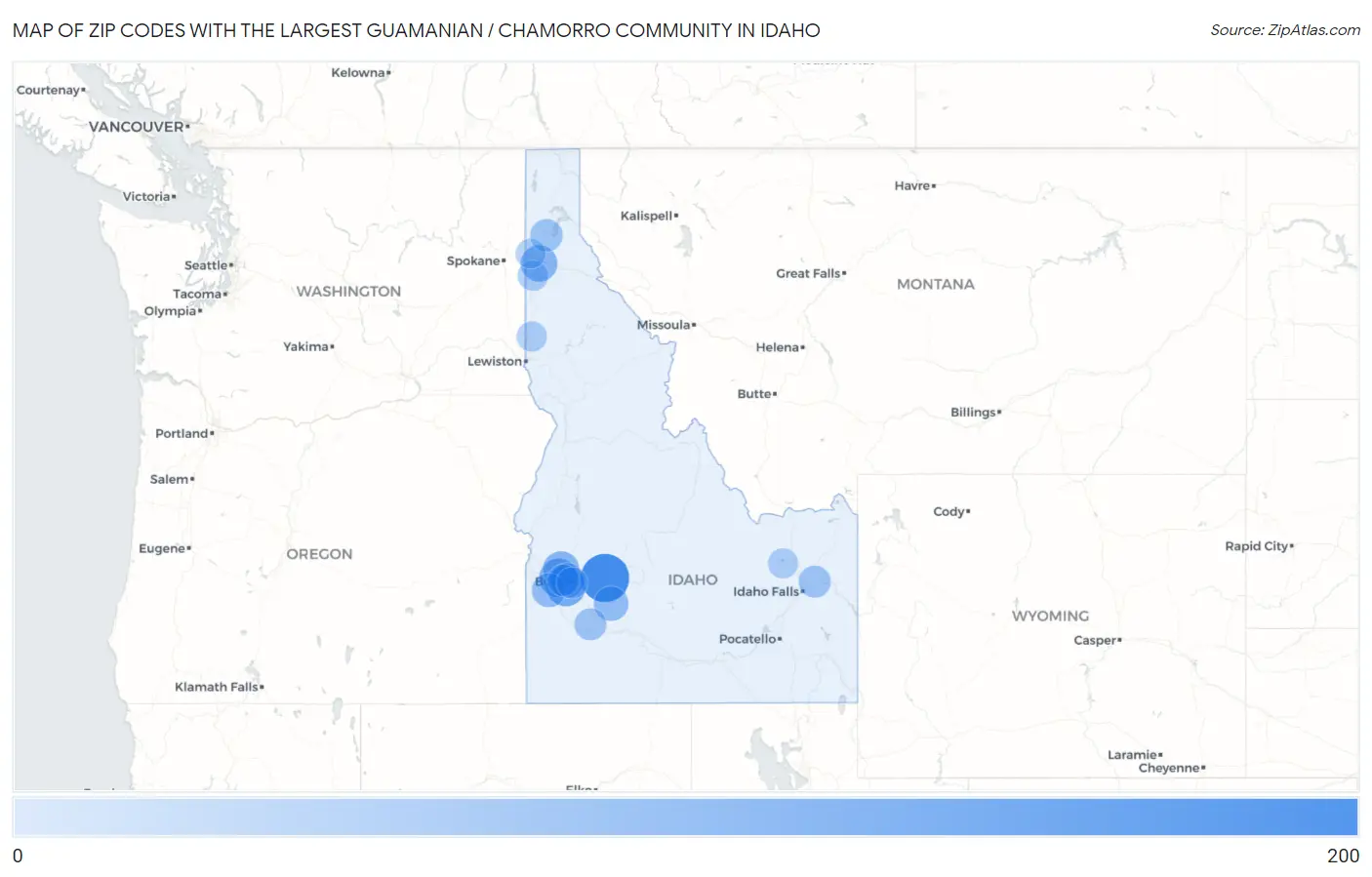 Zip Codes with the Largest Guamanian / Chamorro Community in Idaho Map