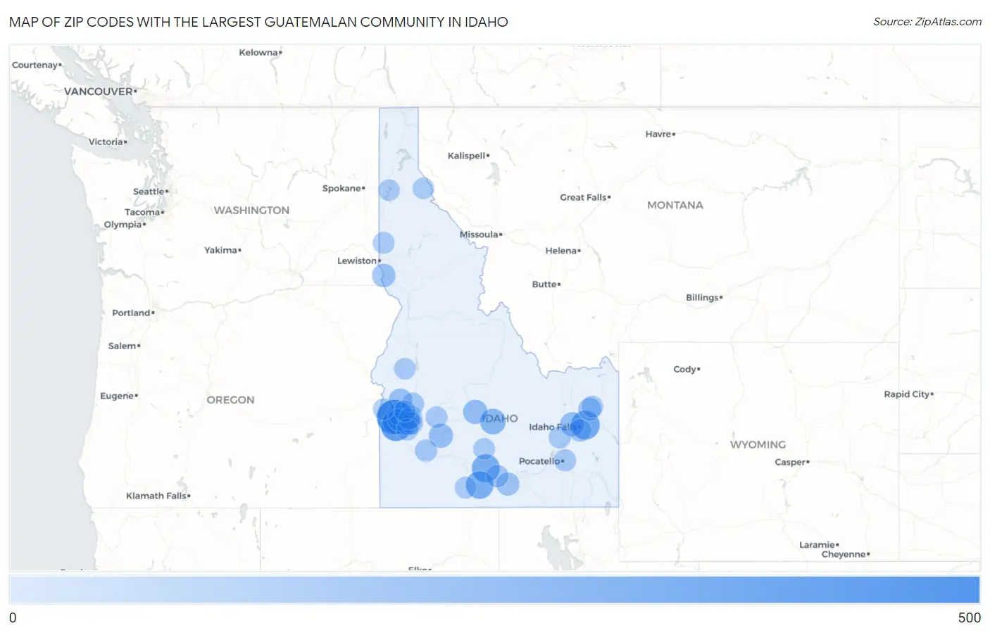Zip Codes with the Largest Guatemalan Community in Idaho Map