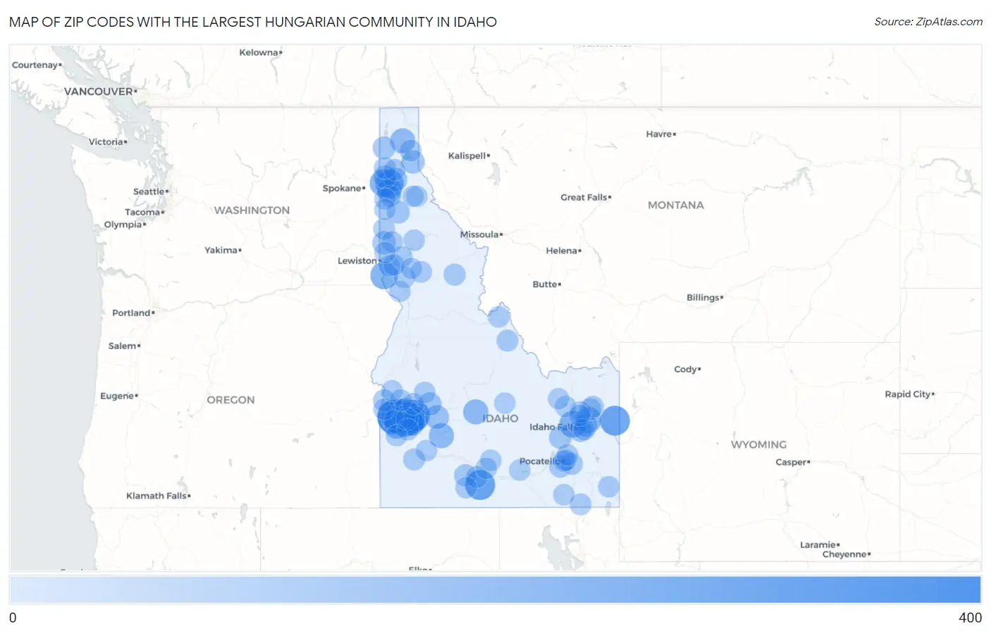 Zip Codes with the Largest Hungarian Community in Idaho Map